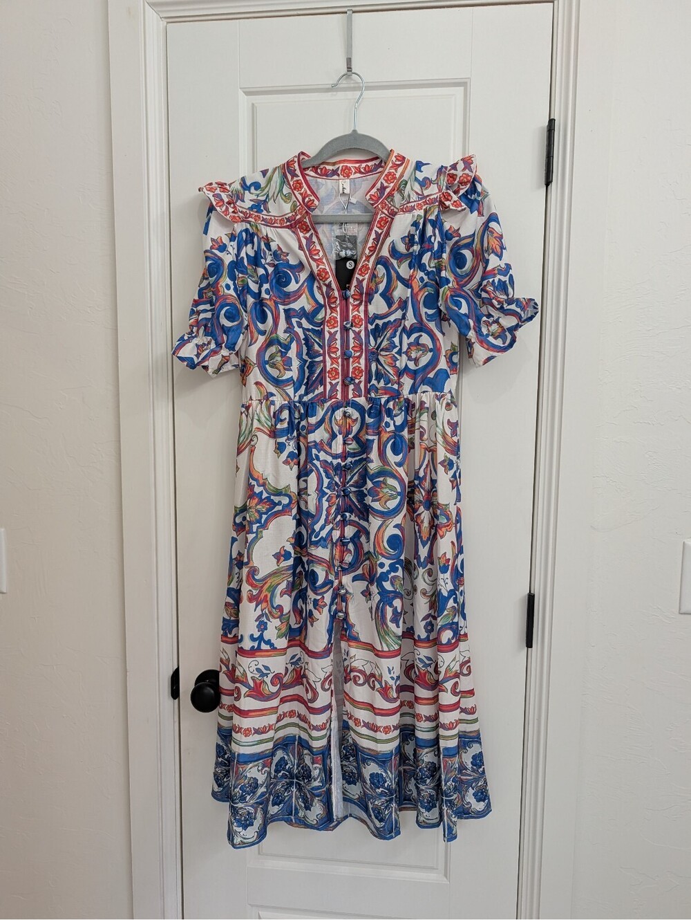Vibrant blue and white Lai Meng Five Cats dress